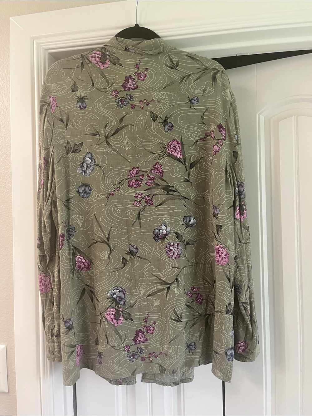 Carole Little Olive Green Floral Ruffle-Front Button Down Blouse - Picture 6 of 6